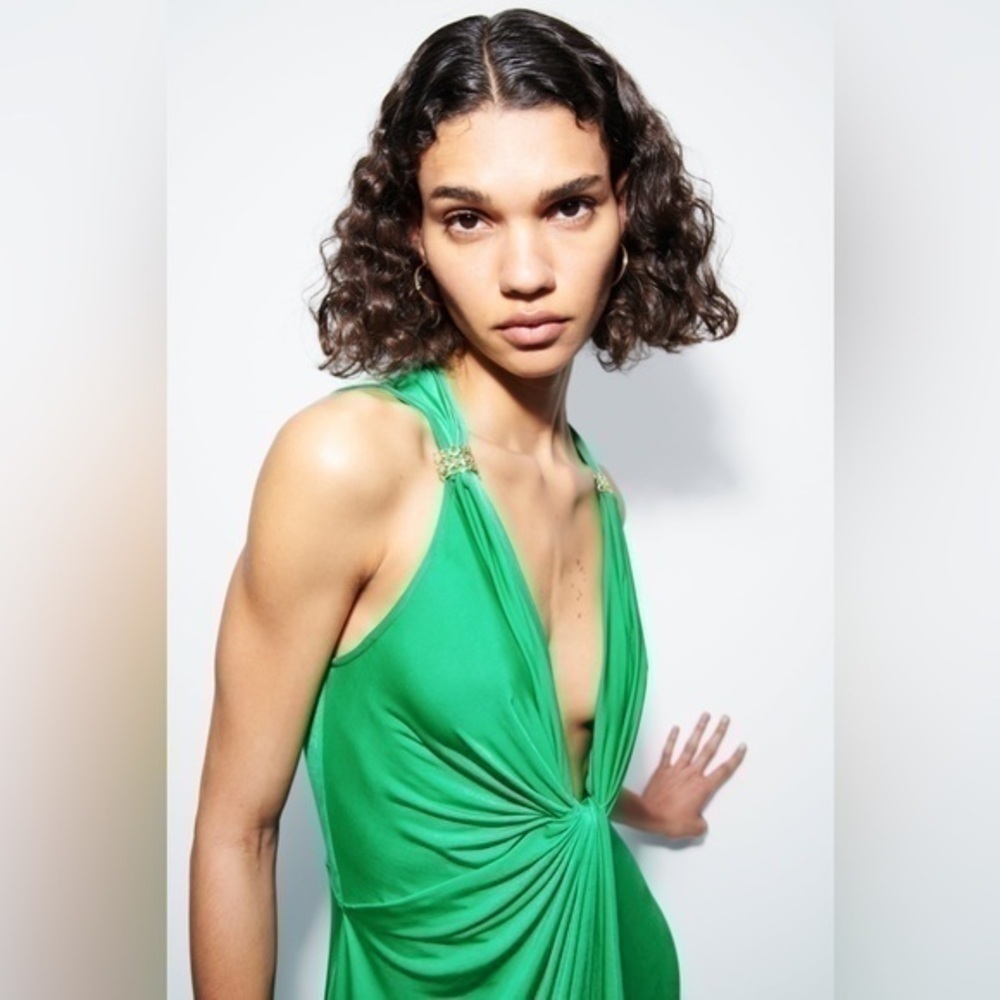 ZARA WOMEN GREEN BEADED KNOTTED DRESS 0387 153